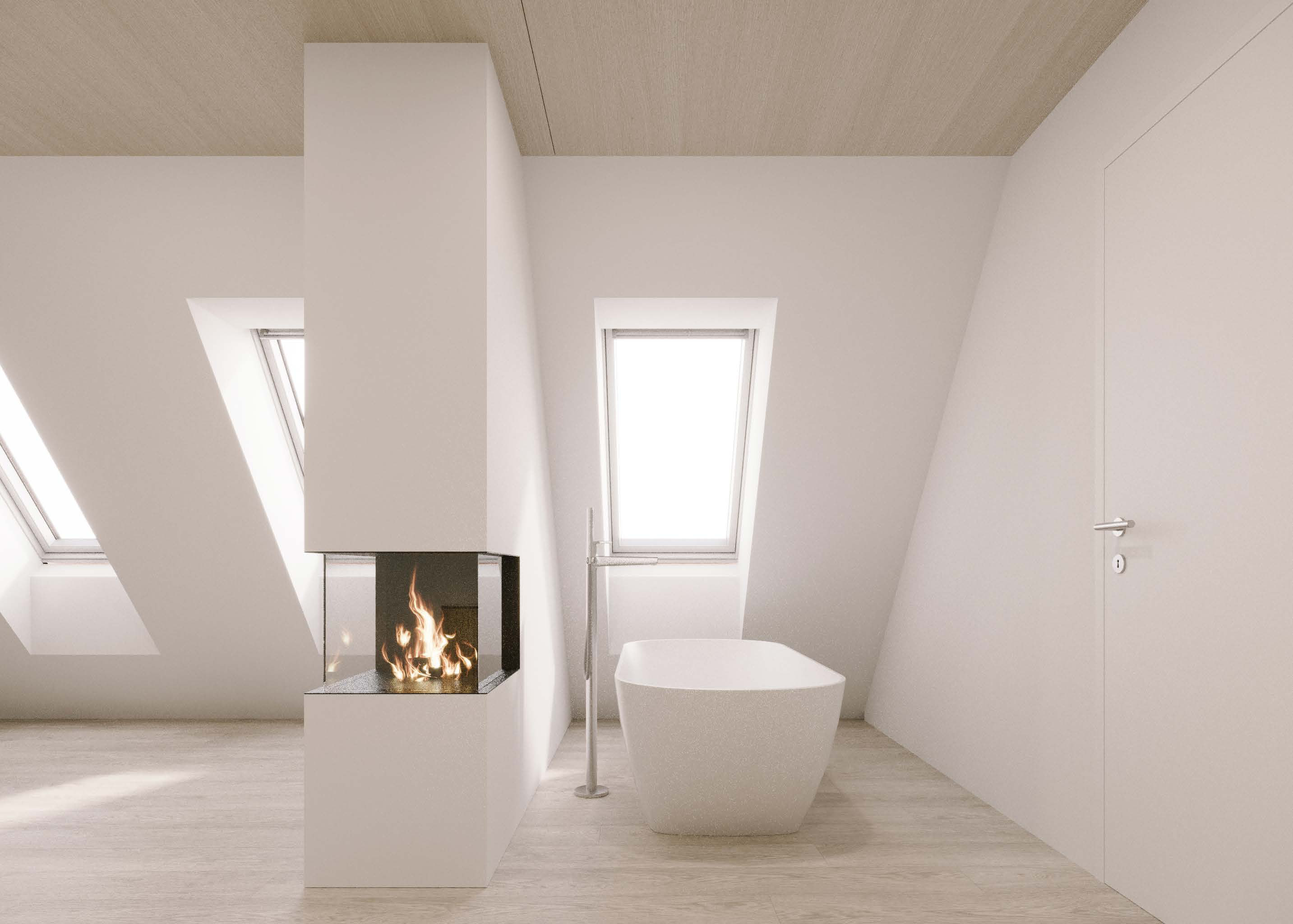 Attika Loft · Schlafzimmer mit Cheminée und frei stehender Badewanne · Ansicht 1