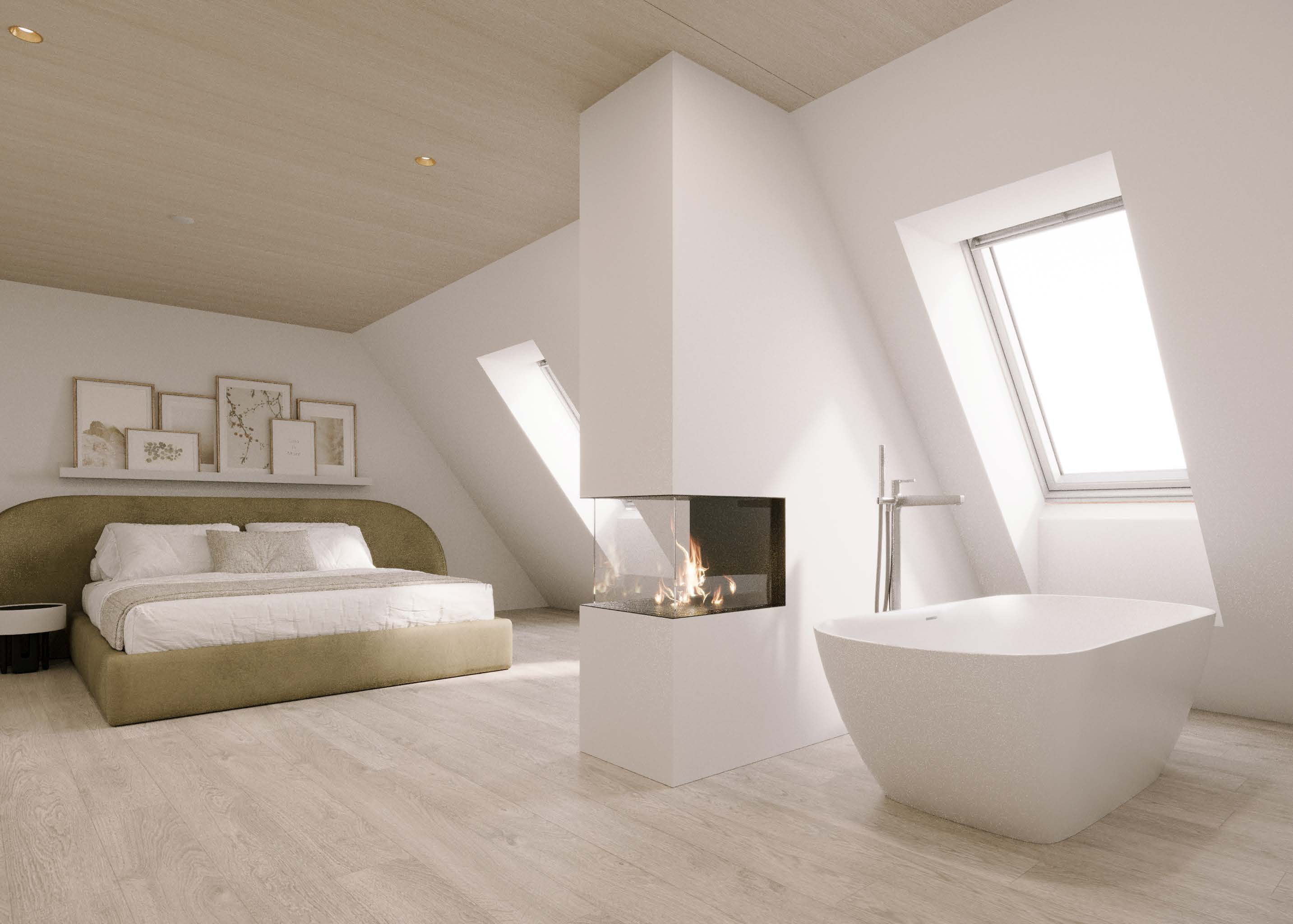 Attika Loft · Schlafzimmer mit Cheminée und frei stehender Badewanne · Ansicht 2