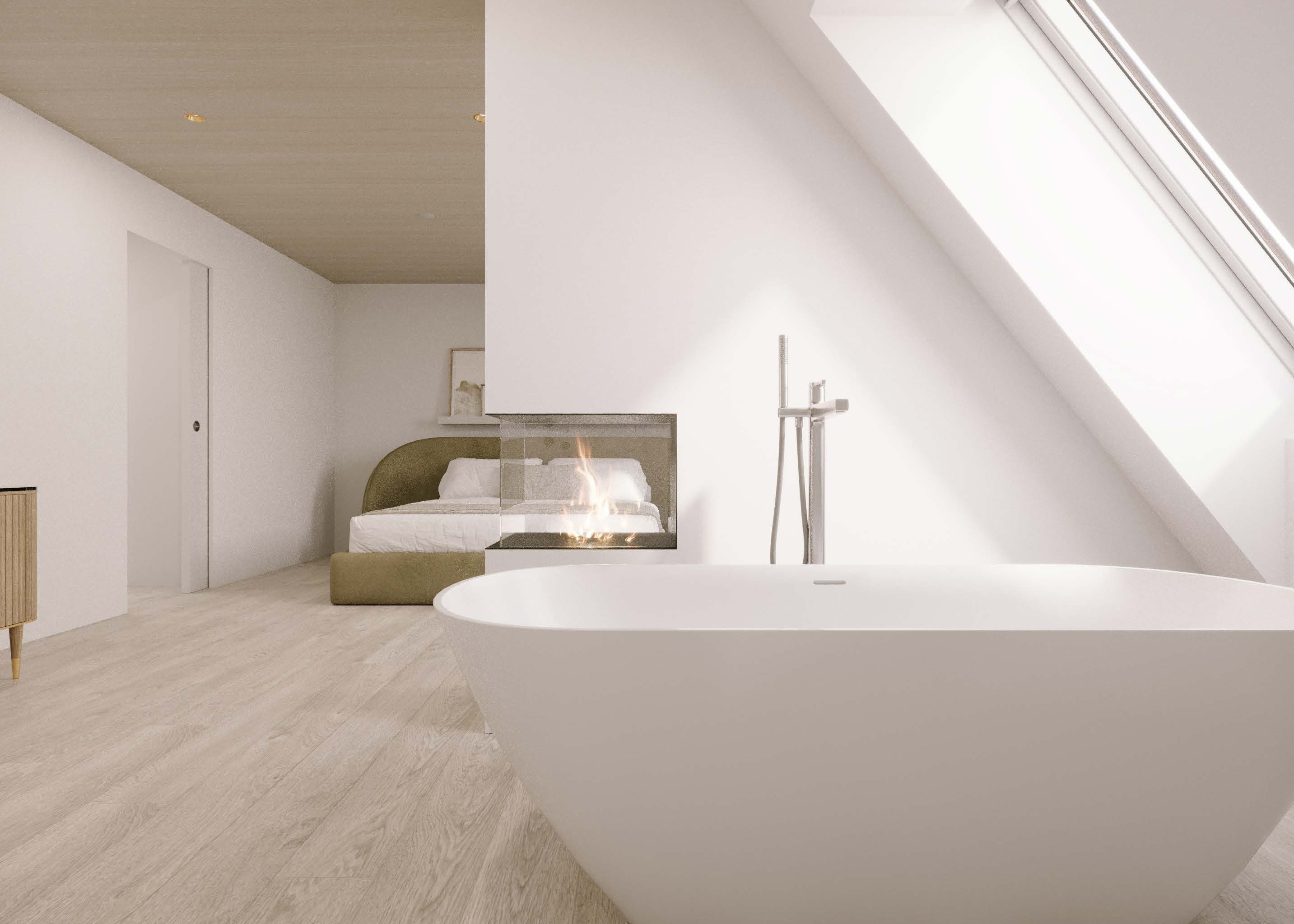 Attika Loft · Schlafzimmer mit frei stehender Badewanne · Ansicht 3