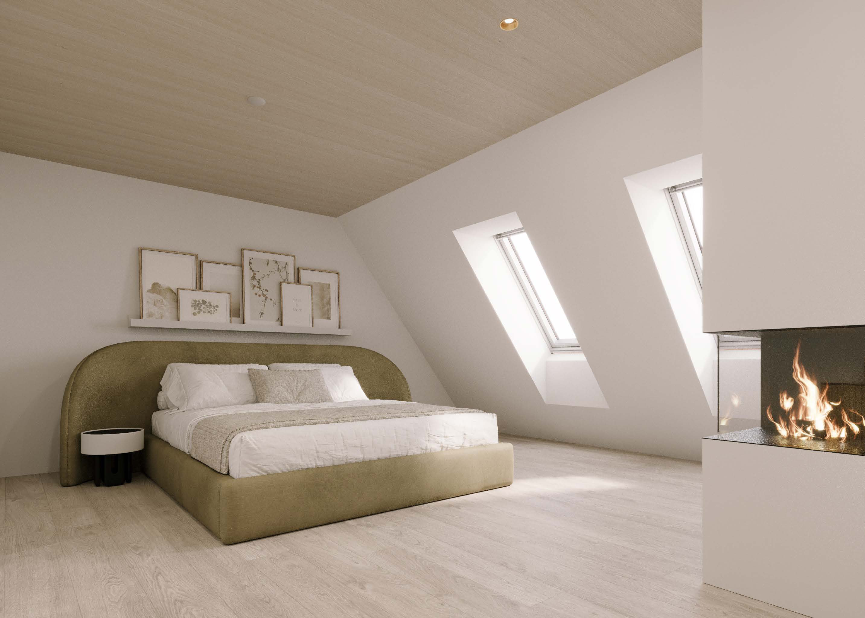 Attika Loft · Schlafzimmer mit Cheminée · Ansicht 5