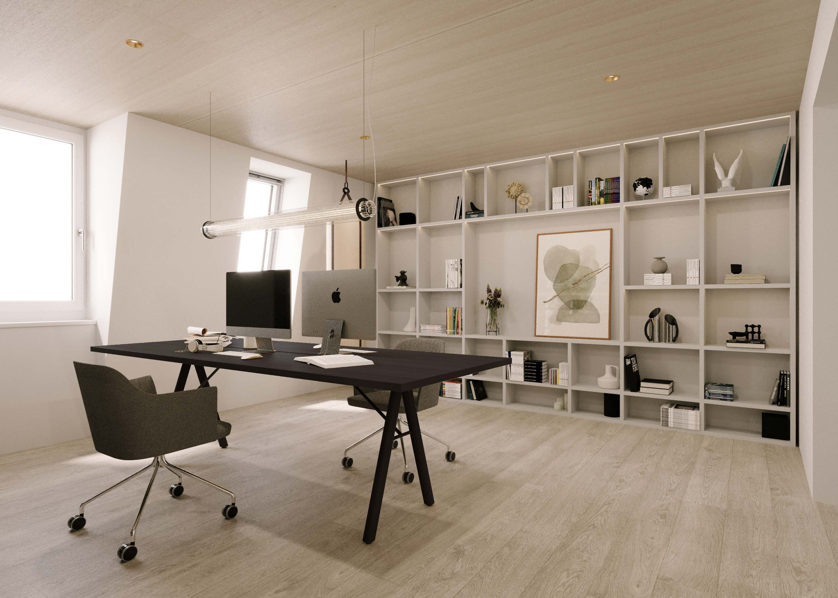 Attika Loft · Home-Office mit Regalwand